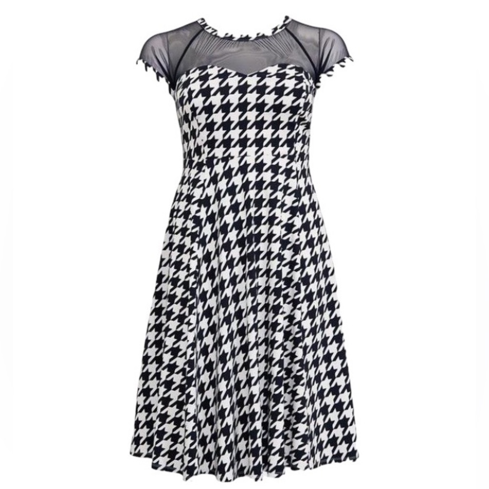 Torrid Black & White Houndstooth Print MIDI Mesh Swing Dress Sweetheart Neckline